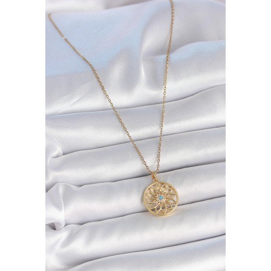 316L Çelik Gold Renk Zincr Mavi Taşlı Lotus Model Kadın Kolye