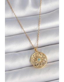 316L Çelik Gold Renk Zincr Mavi Taşlı Lotus Model Kadın Kolye