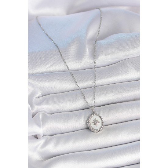 316L Çelik Gümüş Renk Zincir Beyaz Mineli Kutup Yıldız İşlemeli Madalyon Model Kadın Kolye 316L Çelik Gümüş Renk Zincir Beyaz Mineli Kutup Yıldız İşlemeli Madalyon Model Kadın Kolye