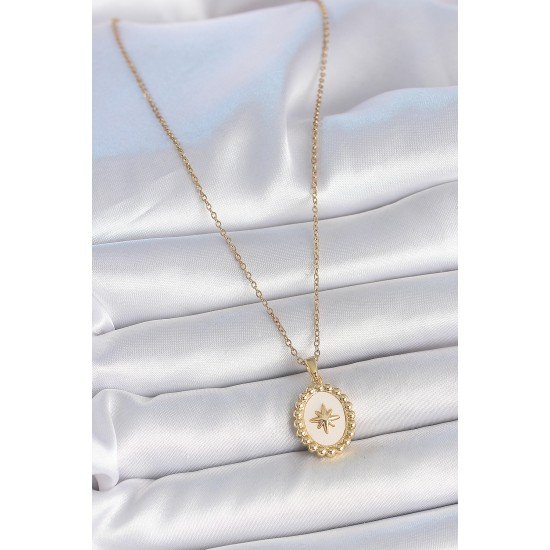 316L Çelik Gold Renk Zincir Beyaz Mineli Kutup Yıldız İşlemeli Madalyon Model Kadın Kolye