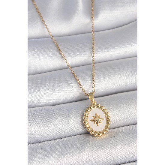 316L Çelik Gold Renk Zincir Beyaz Mineli Kutup Yıldız İşlemeli Madalyon Model Kadın Kolye