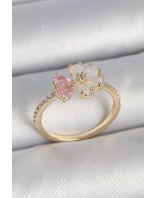 Pirinç Gold Renk Beyaz Mineli Pembe Zirkon Taşlı Çiçek Model Kadın Yüzük