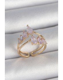 Pirinç Gold Renk Mor Damla Zirkon Taşlı Taç Model Kadın Yüzük