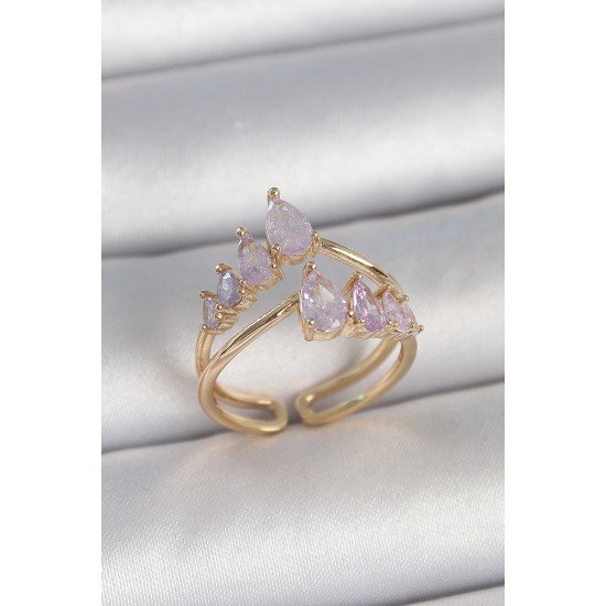 Pirinç Gold Renk Mor Damla Zirkon Taşlı Taç Model Kadın Yüzük