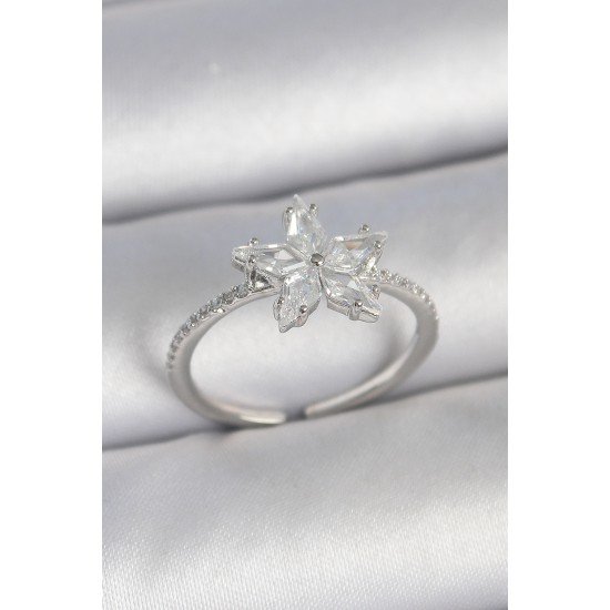 Pirinç Gümüş Renk Zirkon Taşlı Yıldız Model Ayarlanabilir Kadın Yüzük