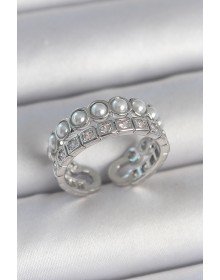 Pirinç Gümüş Renk 2'Li Sıra Zirkon Taşlı Ve İncili Ayarlanabilir Kadın Yüzük