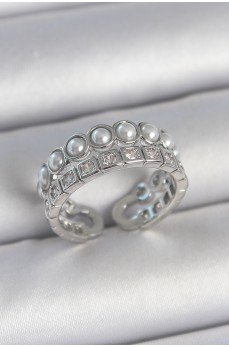 Pirinç Gümüş Renk 2'Li Sıra Zirkon Taşlı Ve İncili Ayarlanabilir Kadın Yüzük