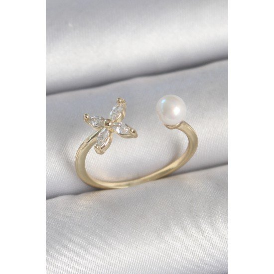 Pirinç Gold Renk Zirkon Taşlı Çiçek Model İnci Detay Ayarlanabilir Kadın Yüzük Pirinç Gold Renk Zirkon Taşlı Çiçek Model İnci Detay Ayarlanabilir Kadın Yüzük