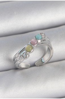 Pirinç Gümüş Renk Zirkon Taş Detaylı Renkli Mineli Ayarlanabilir Kadın Yüzük