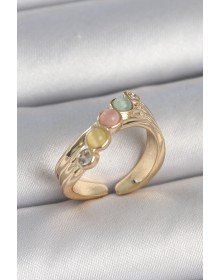 Pirinç Gold Renk Zirkon Taş Detaylı Karışık Mineli Ayarlanabilir Kadın Yüzük