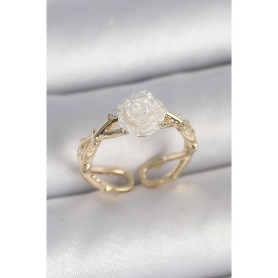 Pirinç Gold Renk Beyaz Gül Model Ayarlanabilir Kadın Yüzük