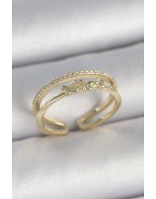 Pirinç Gold Renk 2'Li Sıra Zirkon Taş Detaylı Kelebek Figürlü Ayarlanabilir Model Kadın Yüzük