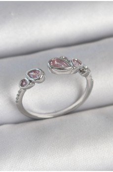 Pirinç Gümüş Renk Pembe Damla Zirkon Taşlı Ayarlanabilir Model Kadın Yüzük