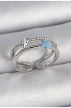 Pirinç Gümüş Renk 2'Li Zirkon Taşlı Mavi Yıldız Figür Ayarlanabilir Kadın Yüzük