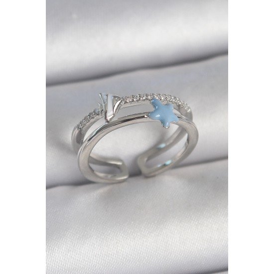 Pirinç Gümüş Renk 2'Li Zirkon Taşlı Mavi Yıldız Figür Ayarlanabilir Kadın Yüzük