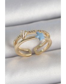 Pirinç Gold Renk 2'Li Zirkon Taşlı Mavi Yıldız Figür Ayarlanabilir Kadın Yüzük