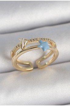 Pirinç Gold Renk 2'Li Zirkon Taşlı Mavi Yıldız Figür Ayarlanabilir Kadın Yüzük