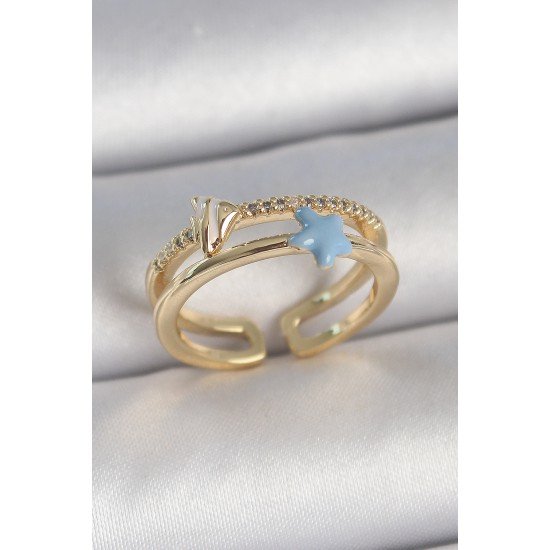 Pirinç Gold Renk 2'Li Zirkon Taşlı Mavi Yıldız Figür Ayarlanabilir Kadın Yüzük