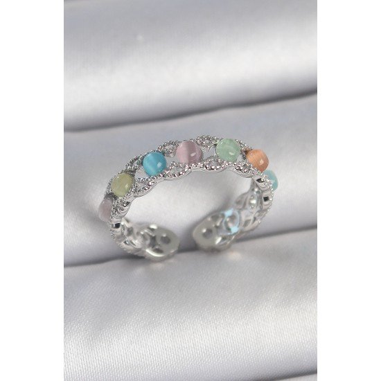 Pirinç Gümüş Renk Renkli Mineli Ayarlanabilir Kadın Yüzük
