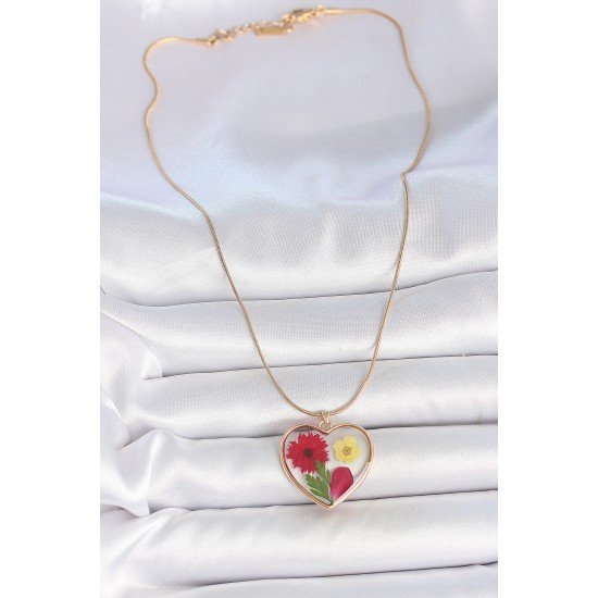 316L Çelik Gold Renk Zincir Epokis Kalp Doğal Çiçek Model Kadın Kolye