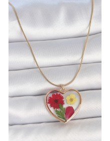 316L Çelik Gold Renk Zincir Epokis Kalp Doğal Çiçek Model Kadın Kolye