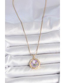 316L Çelik Gold Renk Zincir Mor Çiçek İşlemeli İnci Detay Potre Model Kadın Kolye
