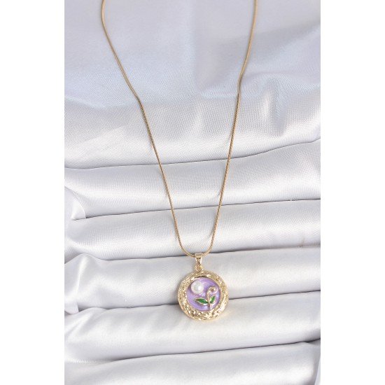 316L Çelik Gold Renk Zincir Mor Çiçek İşlemeli İnci Detay Potre Model Kadın Kolye