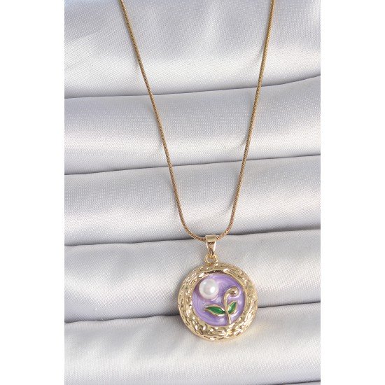 316L Çelik Gold Renk Zincir Mor Çiçek İşlemeli İnci Detay Potre Model Kadın Kolye