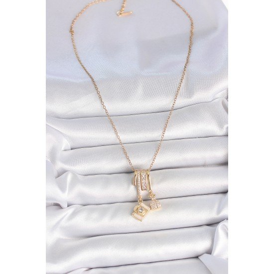 316L Çelik Gold Renk Zirkon Taşlı Sallantı Fotoğraf Makinası Figür Charm Kadın Kolye