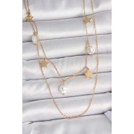 316L Çelik Gold Renk 2'Li Zincir Sallantı Yıldız İnci Model Kadın Kolye