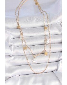 316L Çelik Gold Renk 2'Li Zincir Sallantı Yıldız İnci Model Kadın Kolye