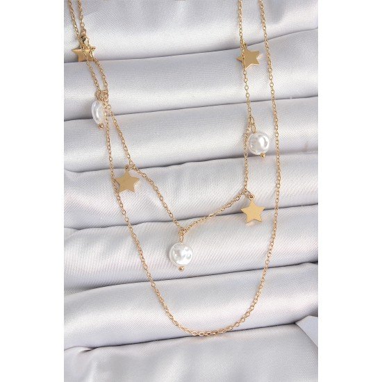 316L Çelik Gold Renk 2'Li Zincir Sallantı Yıldız İnci Model Kadın Kolye 316L Çelik Gold Renk 2'Li Zincir Sallantı Yıldız İnci Model Kadın Kolye