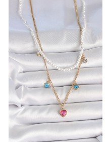 316L Çelik Gold Renk 2'Li İnci Zincir Model Pembe Taşlı Kalp Figür Nazar Boncuk Detay Kadın Kolye
