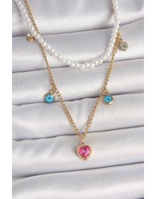 316L Çelik Gold Renk 2'Li İnci Zincir Model Pembe Taşlı Kalp Figür Nazar Boncuk Detay Kadın Kolye