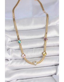 316L Çelik Gold Renk İtalyan Zincir Renkli Zirkon Taşlı Kalp Figür Kadın Kolye