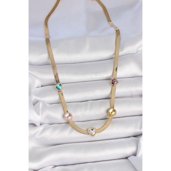 316L Çelik Gold Renk İtalyan Zincir Renkli Zirkon Taşlı Kalp Figür Kadın Kolye