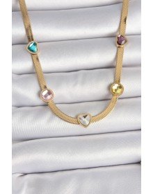 316L Çelik Gold Renk İtalyan Zincir Renkli Zirkon Taşlı Kalp Figür Kadın Kolye