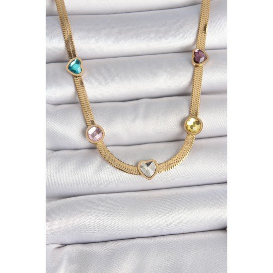 316L Çelik Gold Renk İtalyan Zincir Renkli Zirkon Taşlı Kalp Figür Kadın Kolye