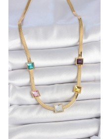 316L Çelik Gold Renk İtalyan Zincir Model Kare Renkli Zirkon Taşlı Kadın Kolye