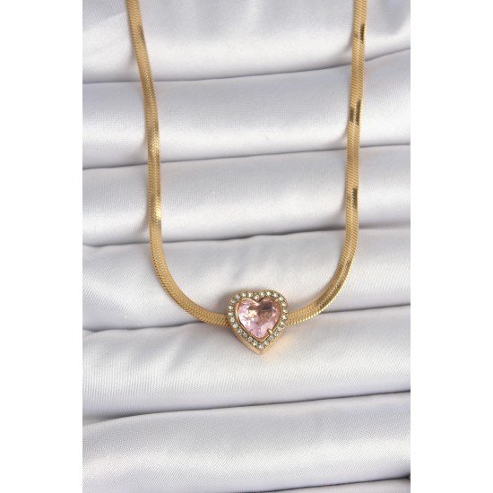316L Çelik Gold Renk İtalyan Zincir Pembe Zirkon Taşlı Kalp Model Kadın Kolye 316L Çelik Gold Renk İtalyan Zincir Pembe Zirkon Taşlı Kalp Model Kadın Kolye