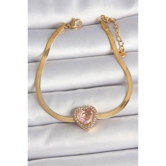 316L Çelik Gold Renk İtalyan Zincir Pembe Zirkon Taşlı Kalp Model Kadın Bileklik