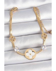 316L Çelik Gold Renk İtalyan Zincir Beyaz Mineli Yonca Model Zirkon Taş Detaylı Kadın Bileklik