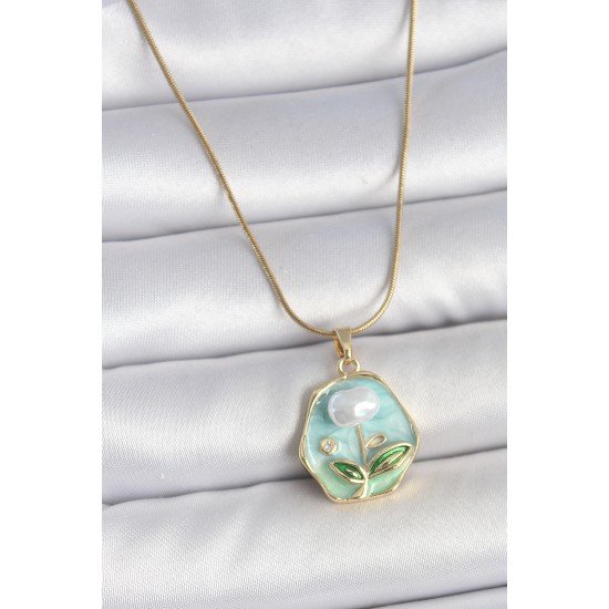 316L Çelik Gold Renk Zincir Mavi Çiçek İşlemeli İnci İşlemeli Portre Model Kadın Kolye