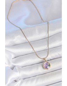 316L Çelik Gold Renk Zincir Mor Çiçek İşlemeli Zirkon Taş İnci Detaylı Minimal Portre Model Kadın Kolye