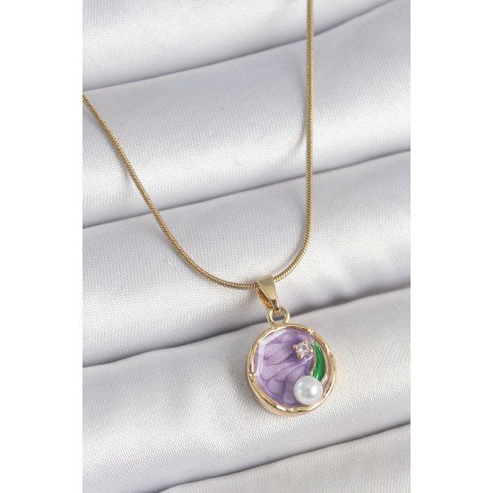 316L Çelik Gold Renk Zincir Mor Çiçek İşlemeli Zirkon Taş İnci Detaylı Minimal Portre Model Kadın Kolye