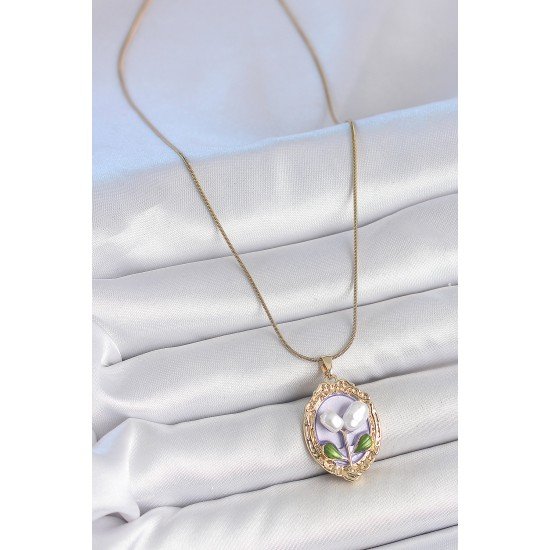 316L Çelik Gold Renk Mor İncili Çiçek İşlemeli Portre Model Kadın Kolye
