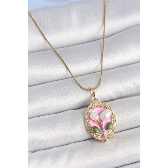 316L Çelik Gold Renk Zincir Pembe Mineli İncili Çiçek İşlemeli Portre Model Kadın Kolye