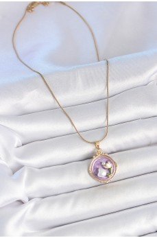 316L Çelik Gold Renk Zincir Mor Mineli İncili Çiçek İşlemeli Portre Model Kadın Kolye