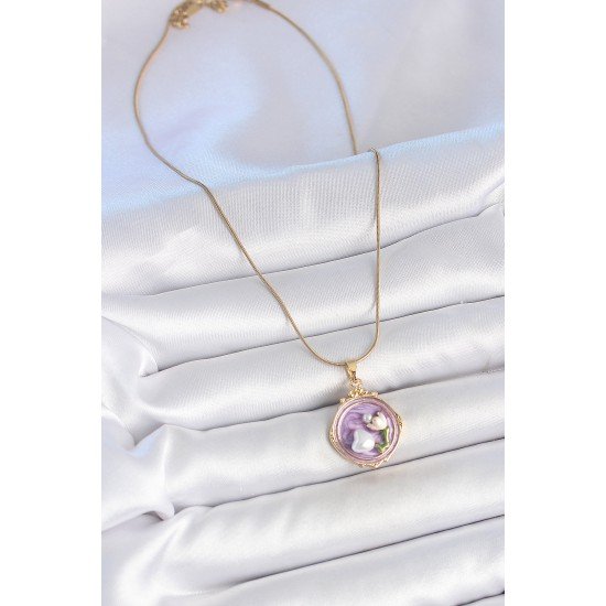 316L Çelik Gold Renk Zincir Mor Mineli İncili Çiçek İşlemeli Portre Model Kadın Kolye