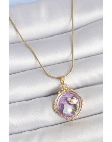 316L Çelik Gold Renk Zincir Mor Mineli İncili Çiçek İşlemeli Portre Model Kadın Kolye